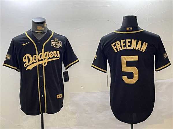 Men%27s Los Angeles Dodgers #5 Freddie Freeman Black Gold 2024 World Series Patch And Champions Patch Cool Base Stitched Jersey